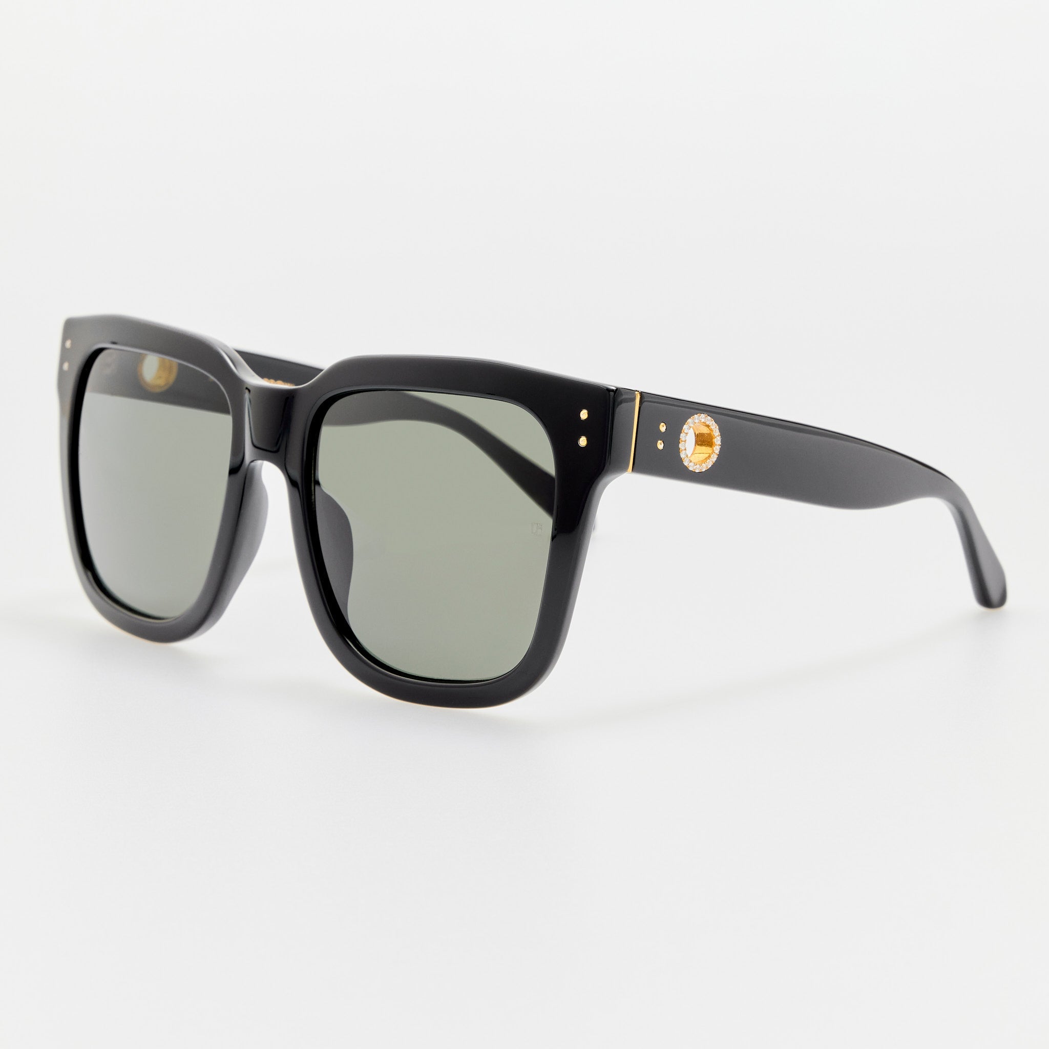 Freya Square Sunglasses in Black with Diamonds and 22K Gold - LINDA FARROW - Sunglasses -